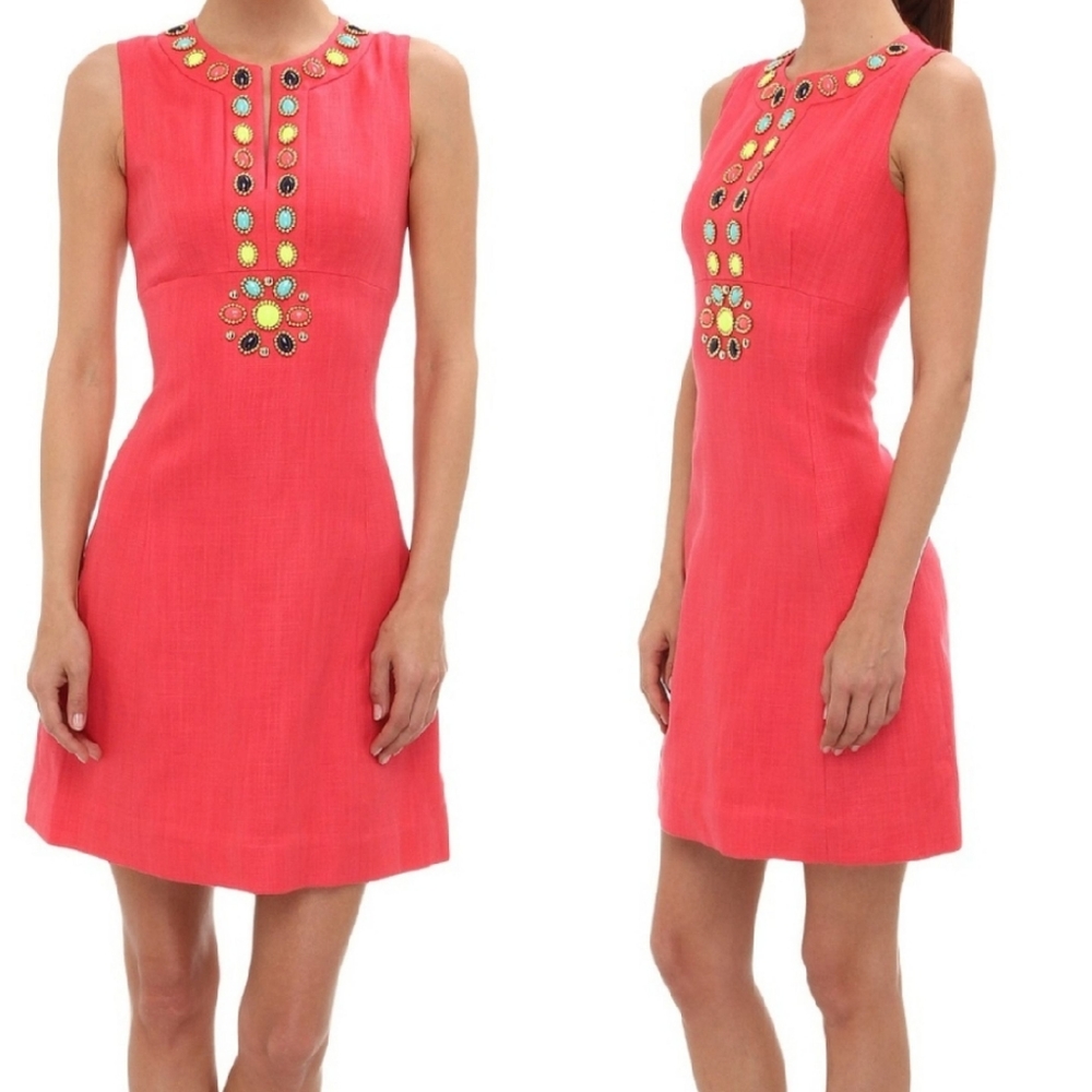 Kate Spade Edith Beaded Dress Linen Blend Geranium/ Pink 6